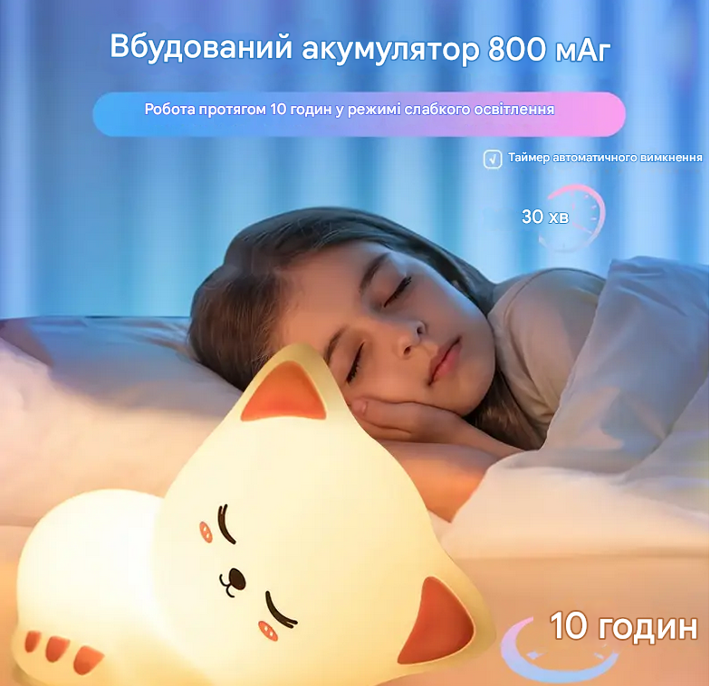 Нічник силіконовий RGB акумуляторний сплячий котик Білий (GR-978) - фото 8