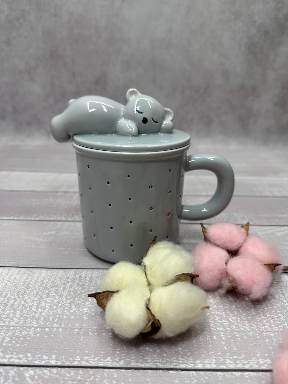 Кружка Olens з кришкою і ложкою Сонне ведмежа 400 мл Сірий (8030-345)