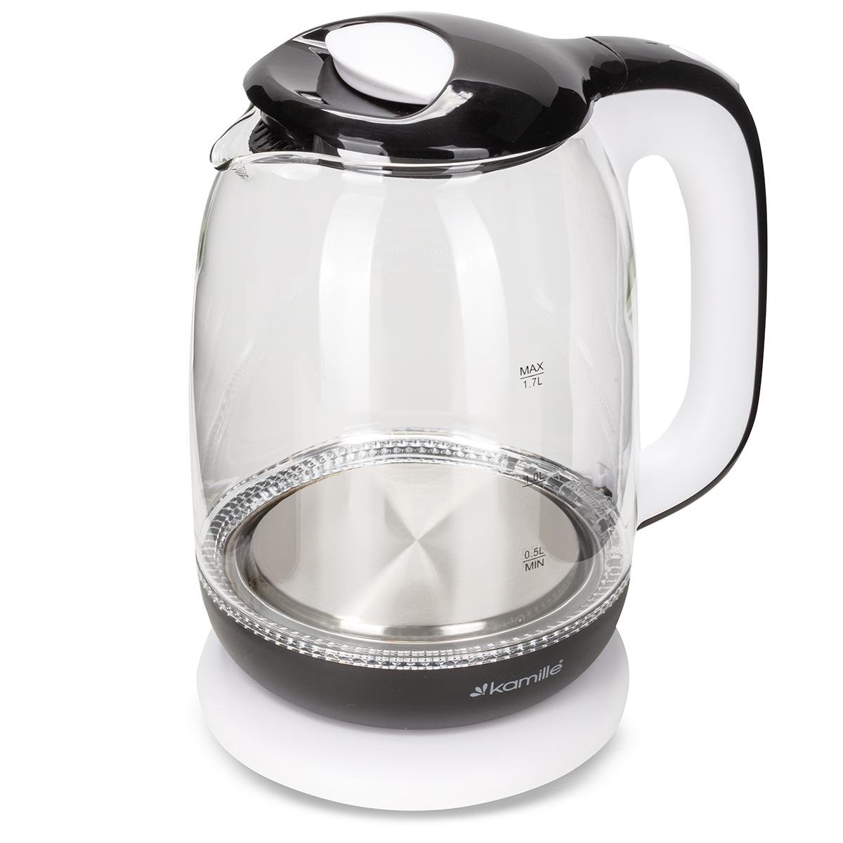 Електрочайник на підставці Kamille KM-1720В скляний з підсвічуванням та індикатором рівня води 2200 W 1,7 л Чорно-білий (124-84-1720В) - фото 4 Електрочайник на підставці Kamille KM-1720В скляний з підсвічуванням та індикатором рівня води 2200 W 1,7 л Чорно-білий (124-84-1720В) - фото 4