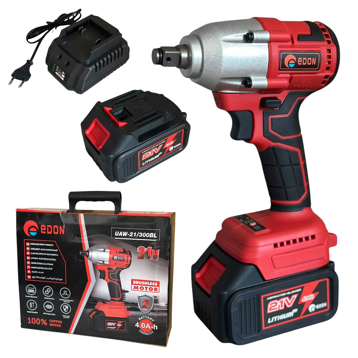 Гайковерт ударный аккумуляторный Edon UAW-21/300BL 21В 300Н·м 1 АКБ 21V/4 Аh ЗУ Кейс