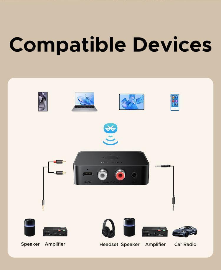 Ресивер аудіо Ugreen Bluetooth 6.0 3.5 мм 2RCA Чорний (55545) - фото 6 Ресивер аудіо Ugreen Bluetooth 6.0 3.5 мм 2RCA Чорний (55545) - фото 6