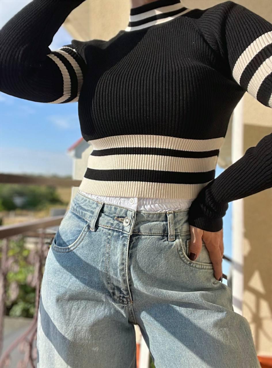 Свитер гольф женский MIX RAY 6728 полоса кроп-топ короткий OS Черный (1018) - фото 3 Свитер гольф женский MIX RAY 6728 полоса кроп-топ короткий OS Черный (1018) - фото 3