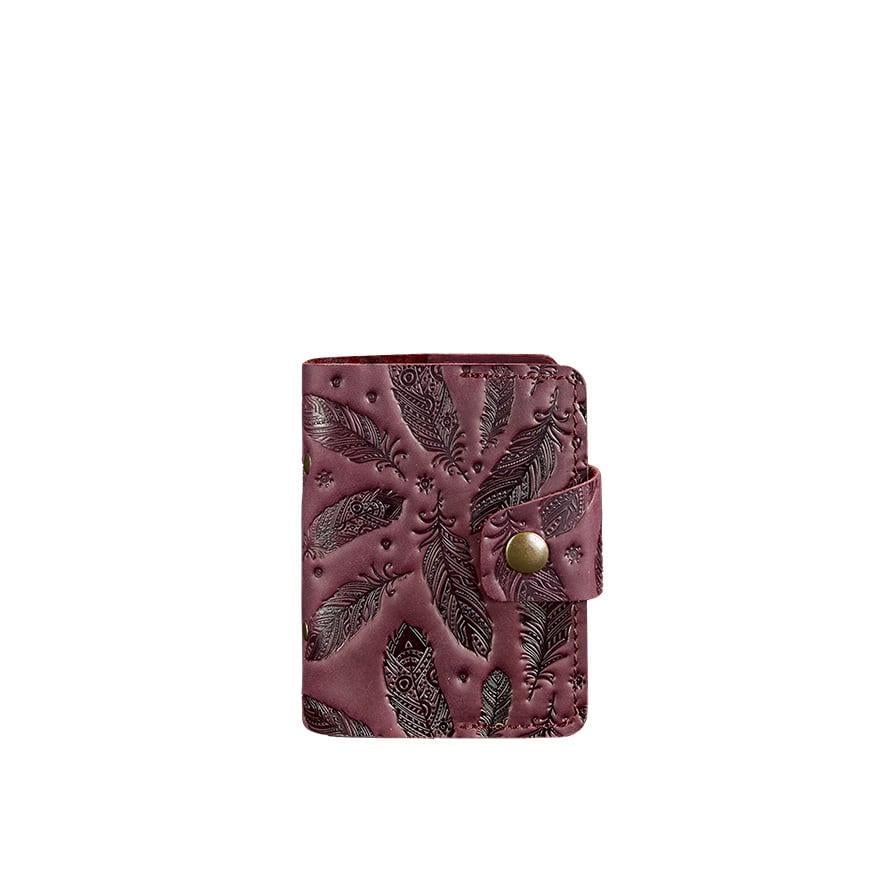 Кард-кейс женский кожаный BlankNote 7.1 книжечка с перьями Бордовый (A-026470)