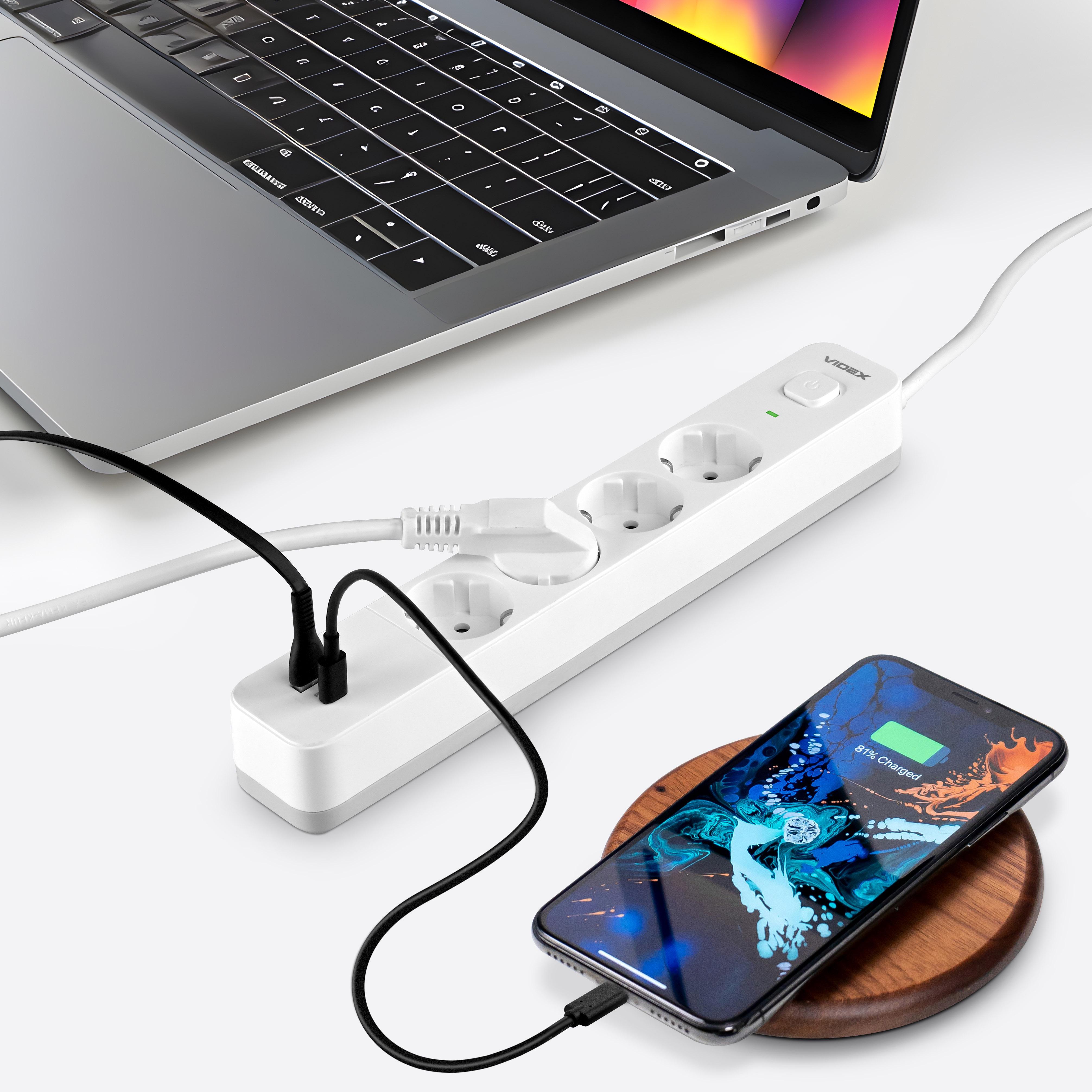 Подовжувач Videx ONCORD USB-QC 3.0/USB-C 4 гнізда із заземленням/кнопкою/шторками 3,4А 20W 3 м Білий (VF-PD43G1QC1PD-W) - фото 11