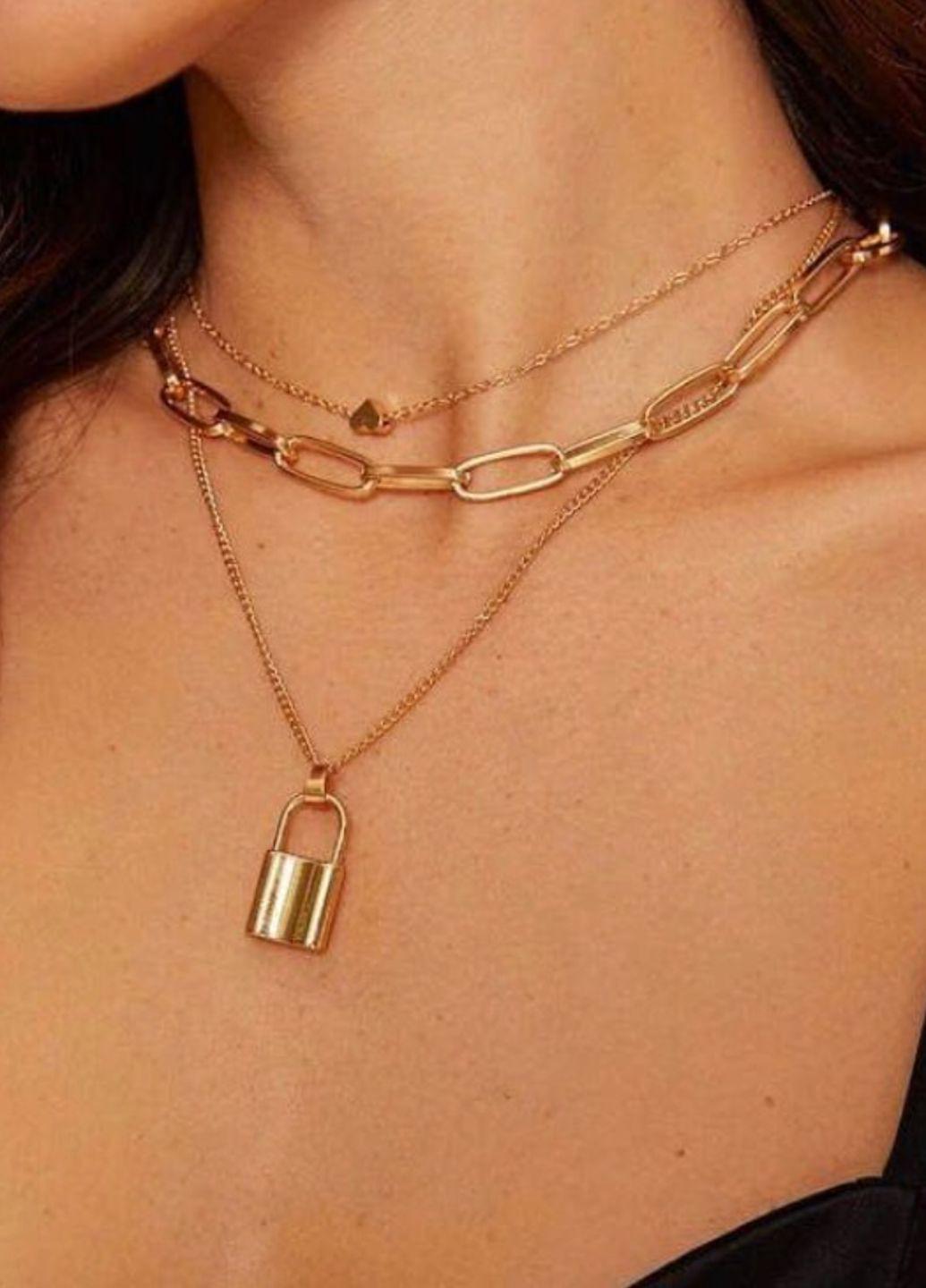 Намисто жіноче багатошарове із замком та серцем Золотистий (13323)