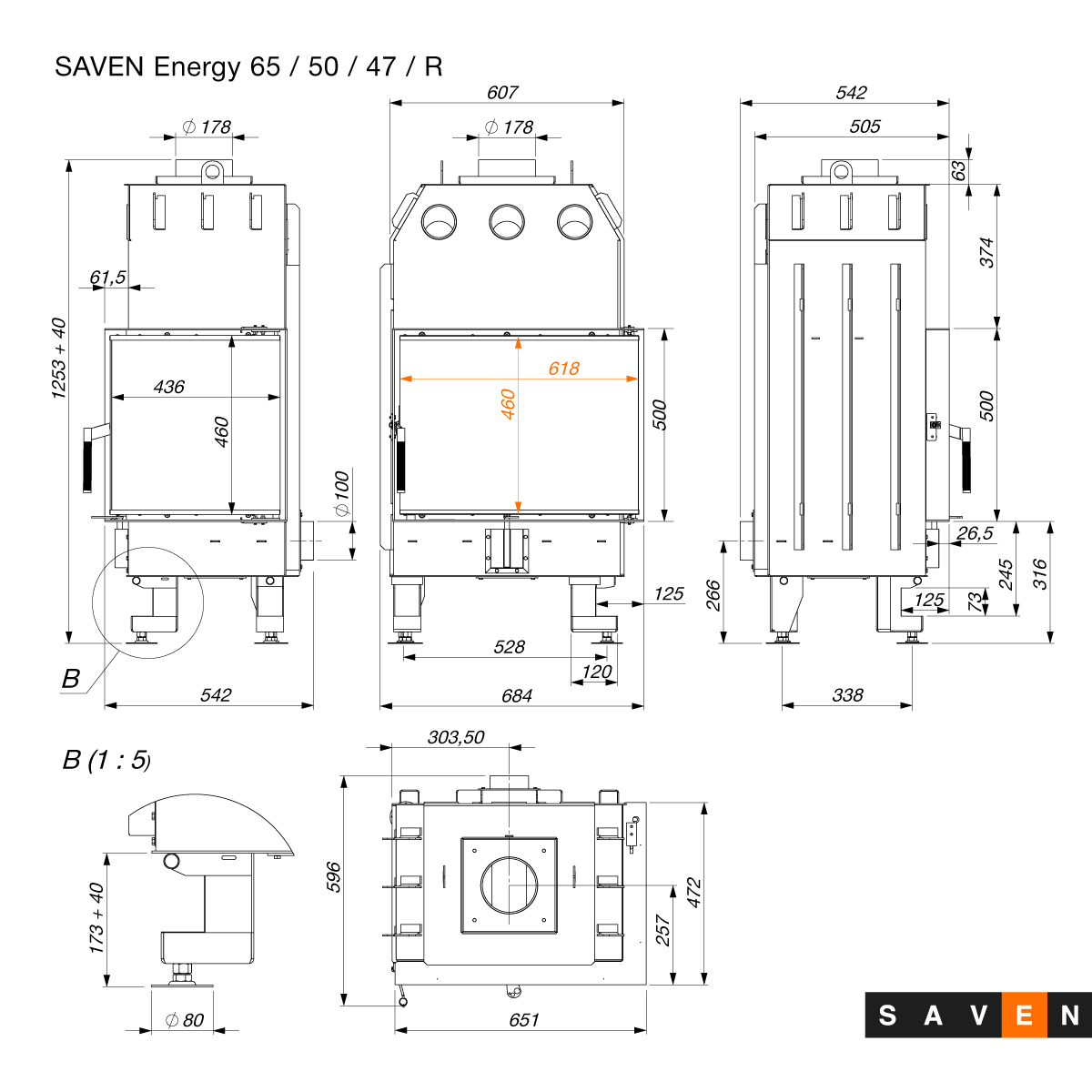 Каминная топка угловая SAVEN Energy ECO R 14,5 kW 65х50х47 (9160612) - фото 3