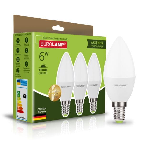 Промо-набор Eurolamp лампа LED “Свеча” 6W-E14-3000K “2+1” (MLP-LED-CL-06143(3))