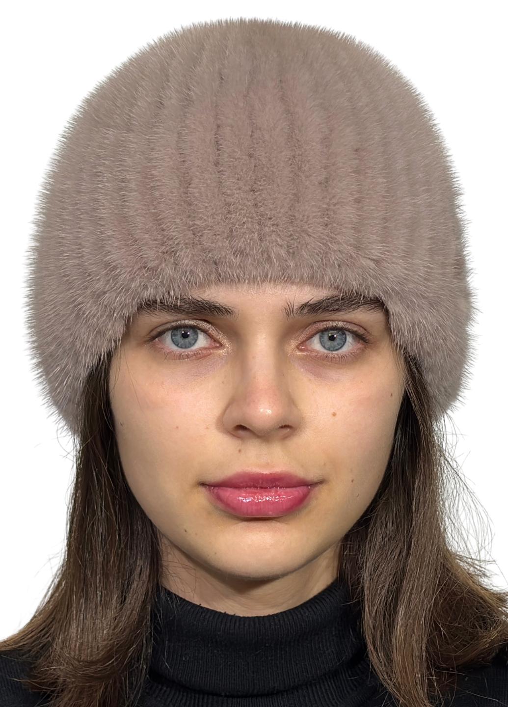 Зимняя шапка из вязаной норки Меховой стиль Шарик натуральный мех Какао (103/В)
