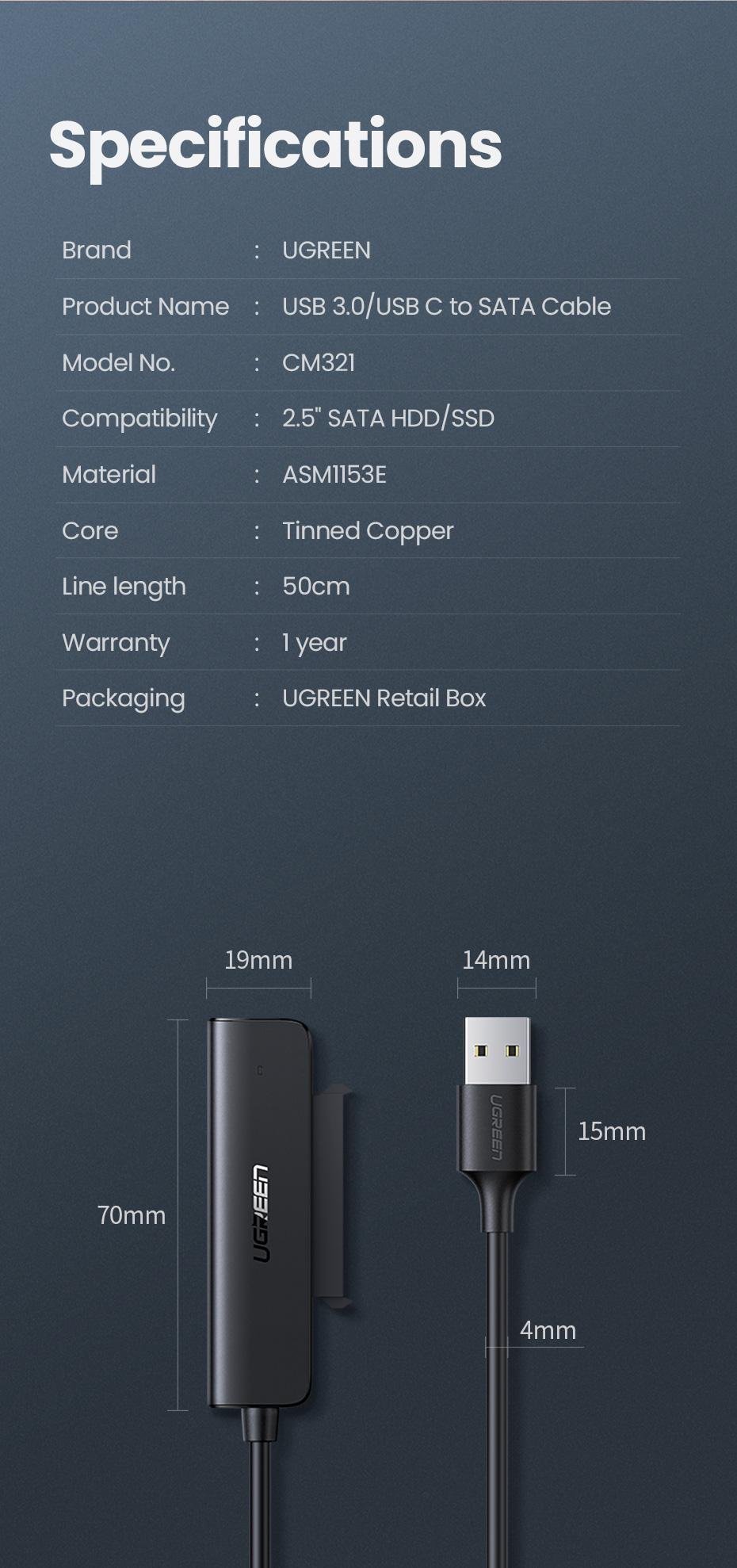 Кабель UGREEN SATA USB 50 см Для 2.5" SATA HDD/SSD USB 3.0 до SATA III 5 Гбіт/с UASP Чорний (70609) - фото 10