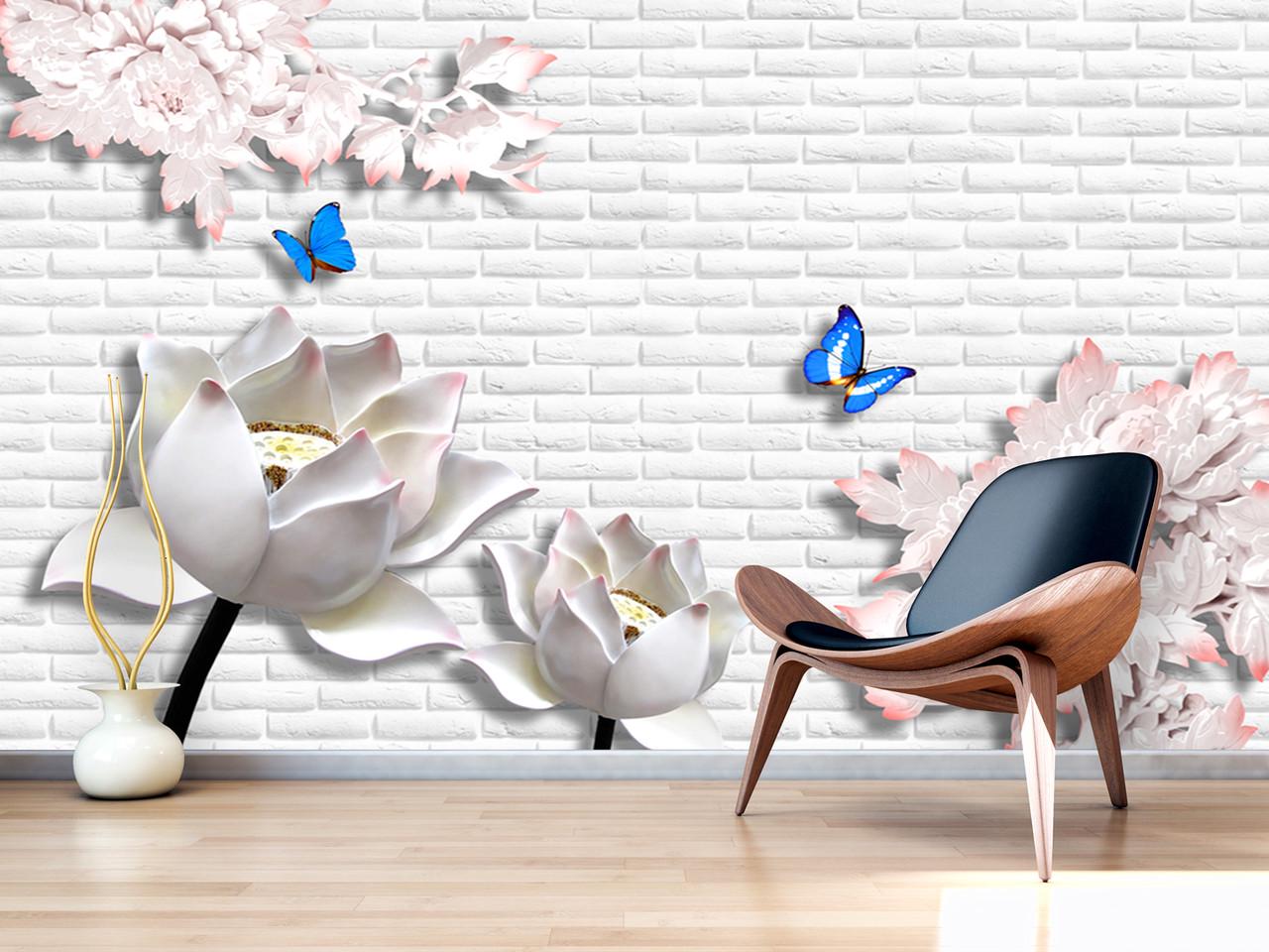 Фотообои 3D флизелиновые цветочные для спальни/зала/кухни Цветы с бабочками на кирпичной стене