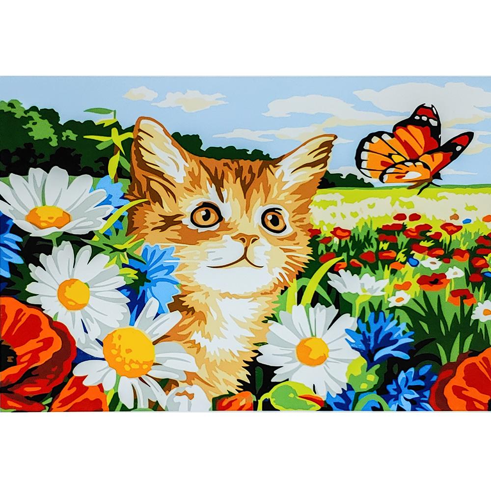 Картина за номерами Strateg Преміум Котик з метеликом у квітах 30х40 см (SS6653)