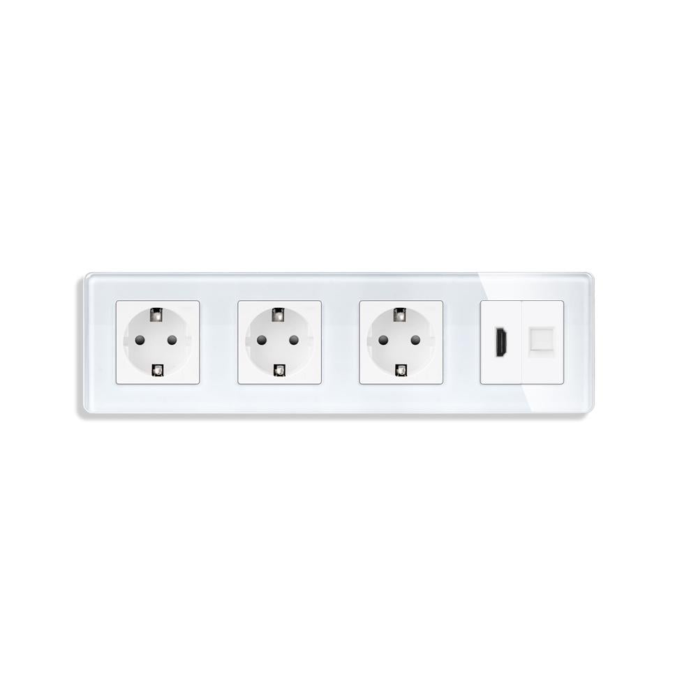 Розетка четырехместная с HDMI/интернет RJ-45 ELIOS настенная стеклянная рамка Белый (TW-M4FHDMICAT6-WT)