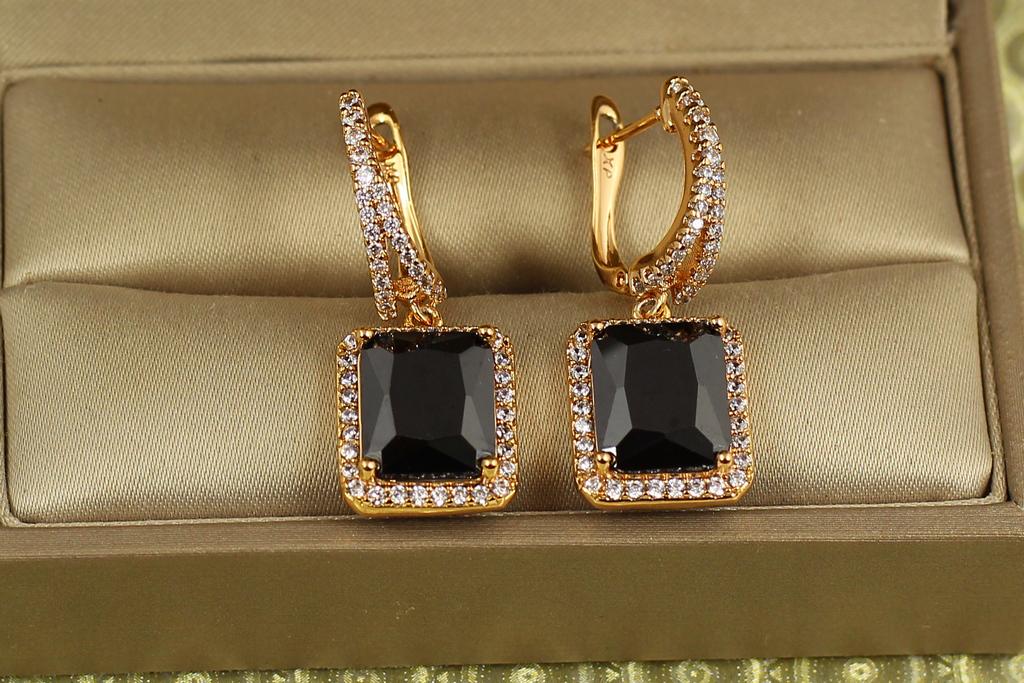 Серьги подвески Xuping Jewelry авангард с черным камнем 3 см Золотистый (30633823)