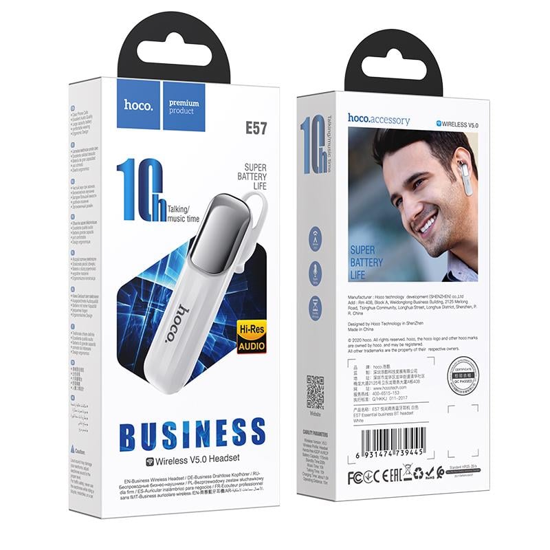 Bluetooth-гарнітура HOCO Essential business BT headset E57 BT5.0, 10H | білий - фото 2