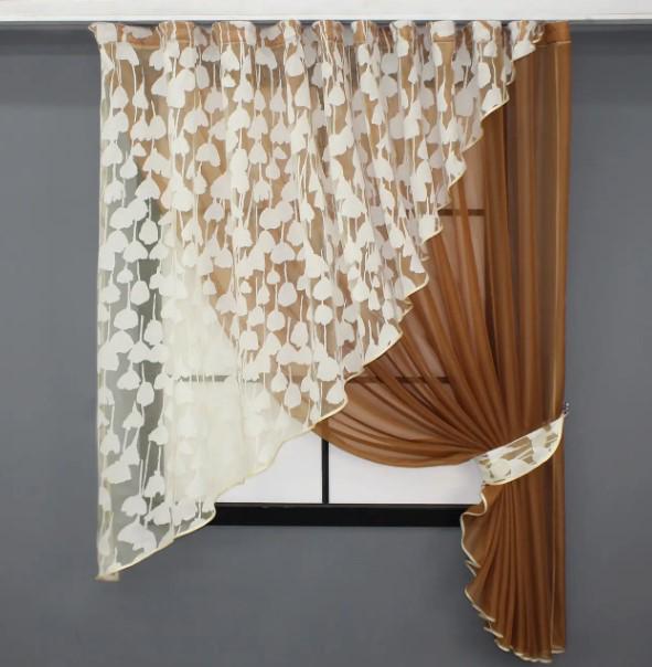 Шторки на кухню с подвязками 280х170 см Коричневый/Белый (069к) Шторки на кухню с подвязками 280х170 см Коричневый/Белый (069к)