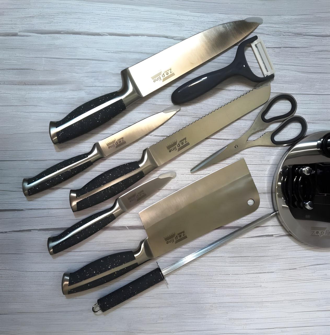 Набір кухонних ножів з підставкою та ножиці /овочечистка Z.e.p.Line ZP-027 Black (90120) - фото 4