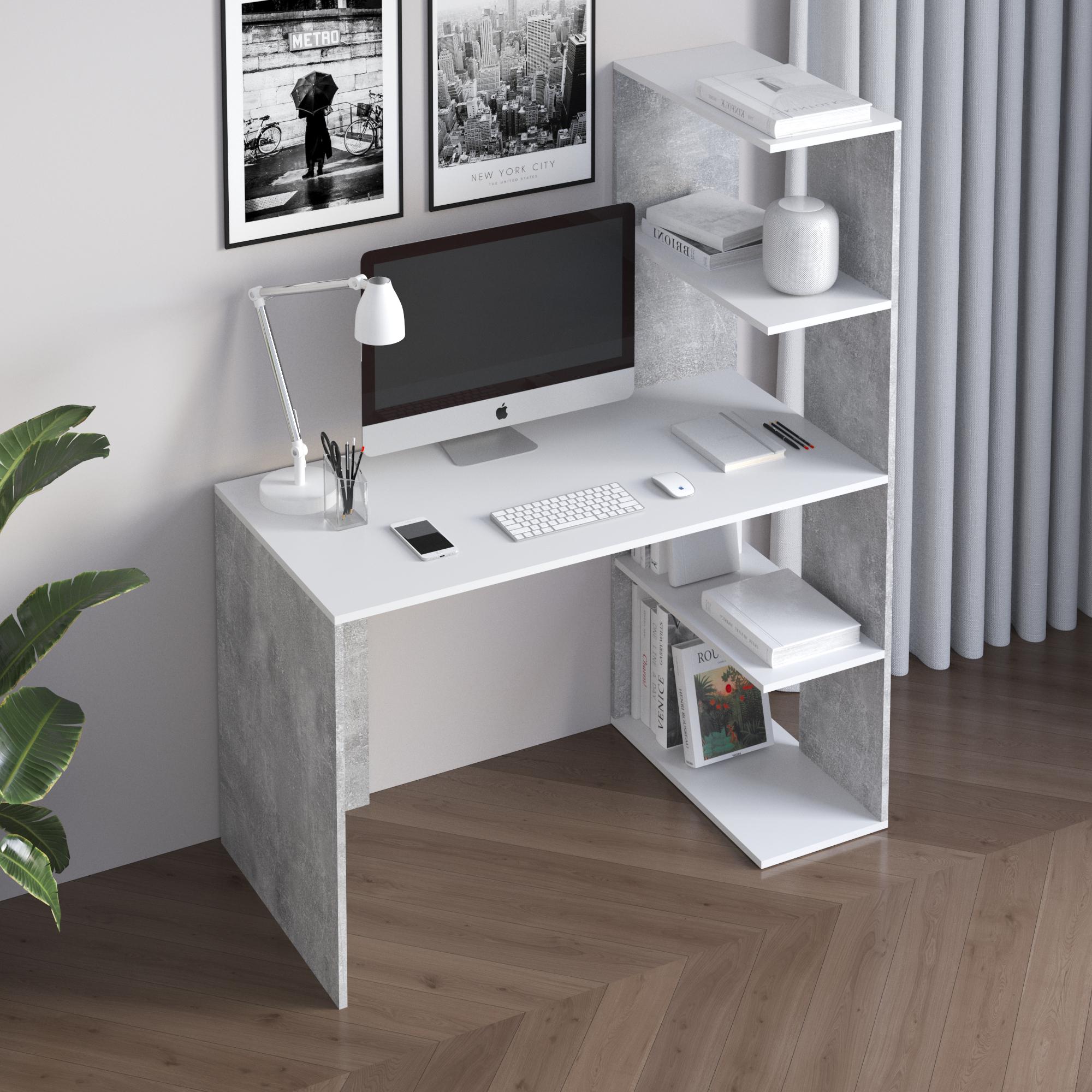 Компьютерный стол со стеллажем и полками справа 1200х600х1470 мм Бетон/Белый (M-17)