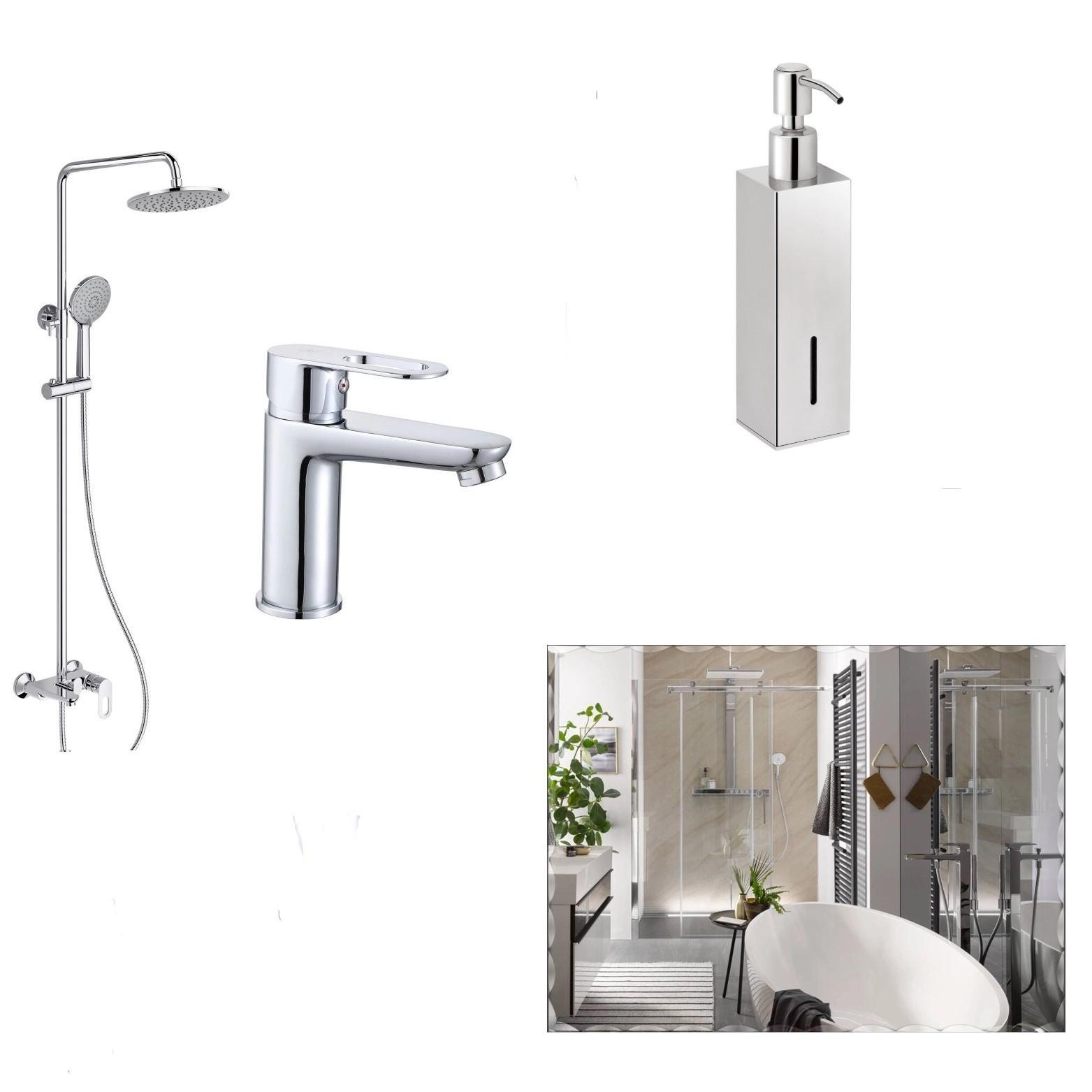 Комплект для ванны ТМ Lidz душевая система/смеситель для умывальника/зеркало с декором 450х600 мм/дозатор жидкого мыла