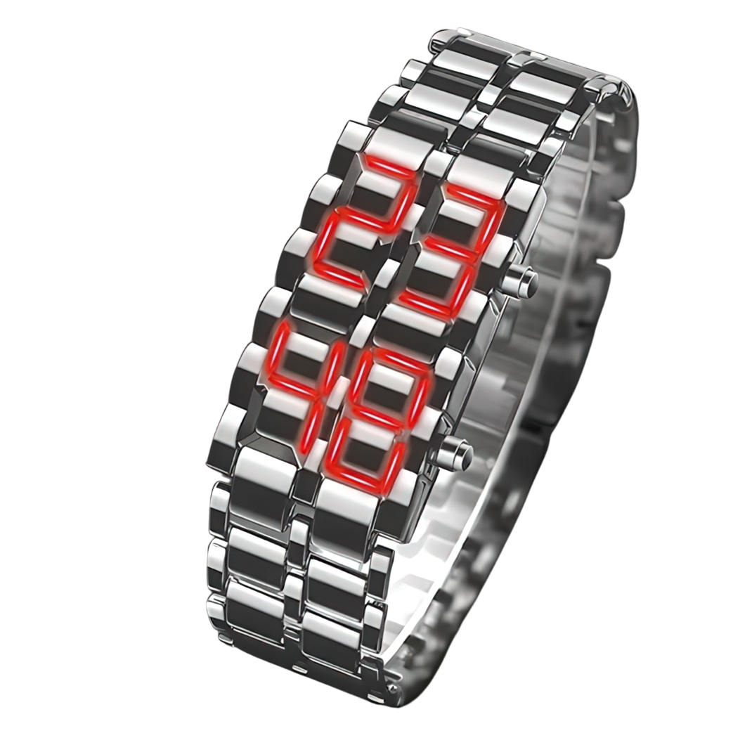 Наручные электронные часы с LED-подсветкой и металлическим браслетом с красной подсветкой Серебристый