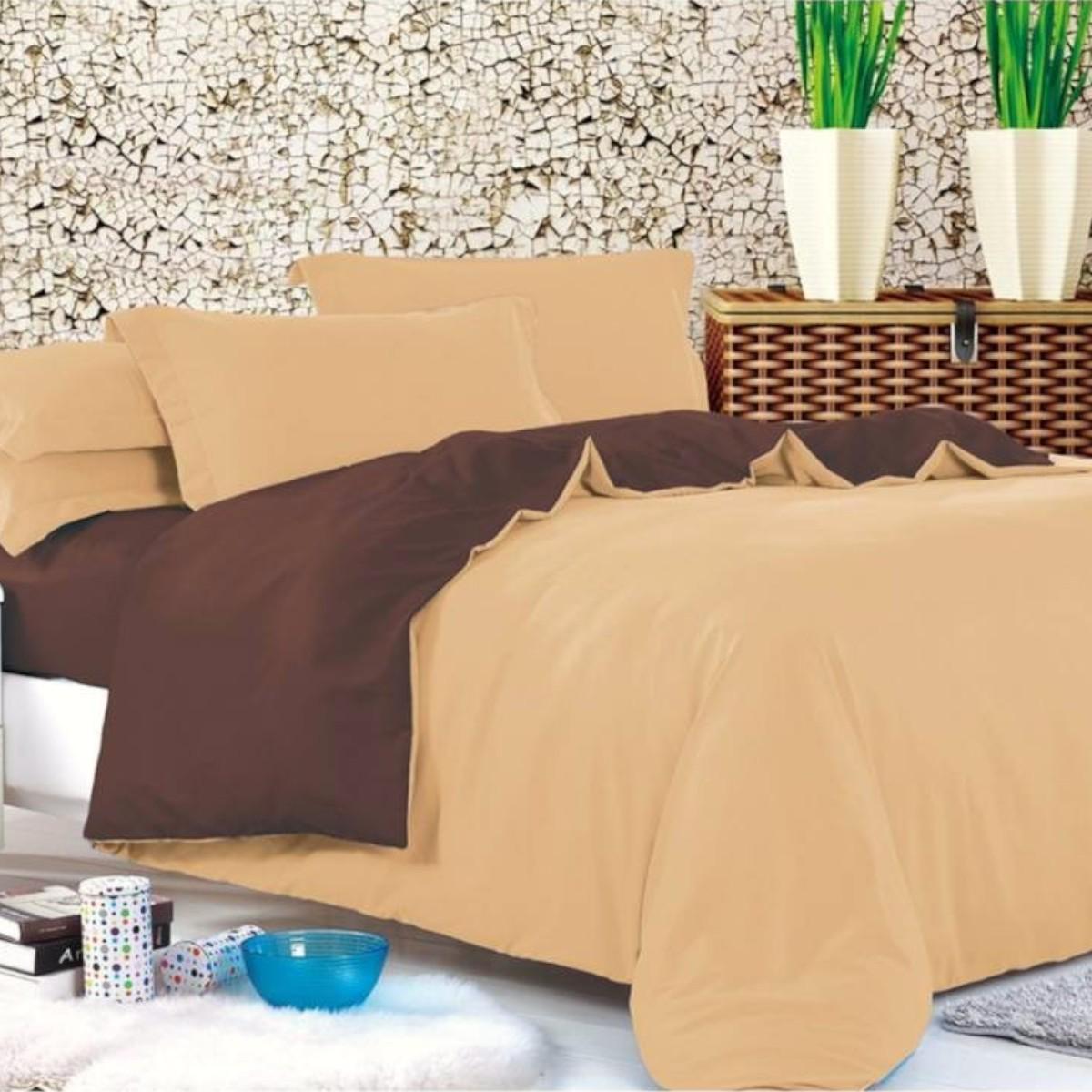 Комплект постельного белья Koloco сатин евро Бежевый с коричневым (42197)