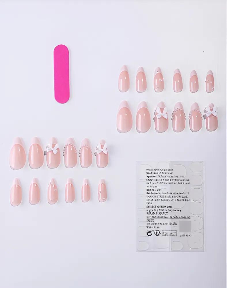 Накладные ногти с объемным дизайном Бант с жемчугом миндаль средней длины с клеевыми пластинами 24 шт. Белый (2789190688) - фото 7