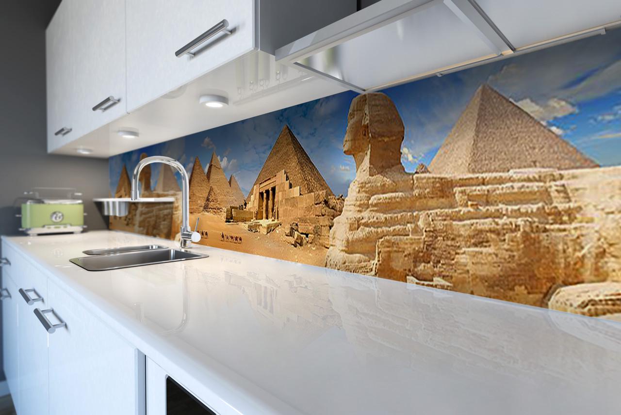 Кухонный фартук Египетские пирамиды сфинкс Гиза из самоклеющейся виниловой пленки 60х250 см Бежевый