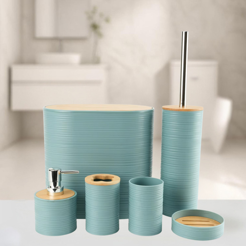 Набор аксессуаров для ванной комнаты и душа 6в1 дозатор для мыла мыльница стаканы и ершик Голубой