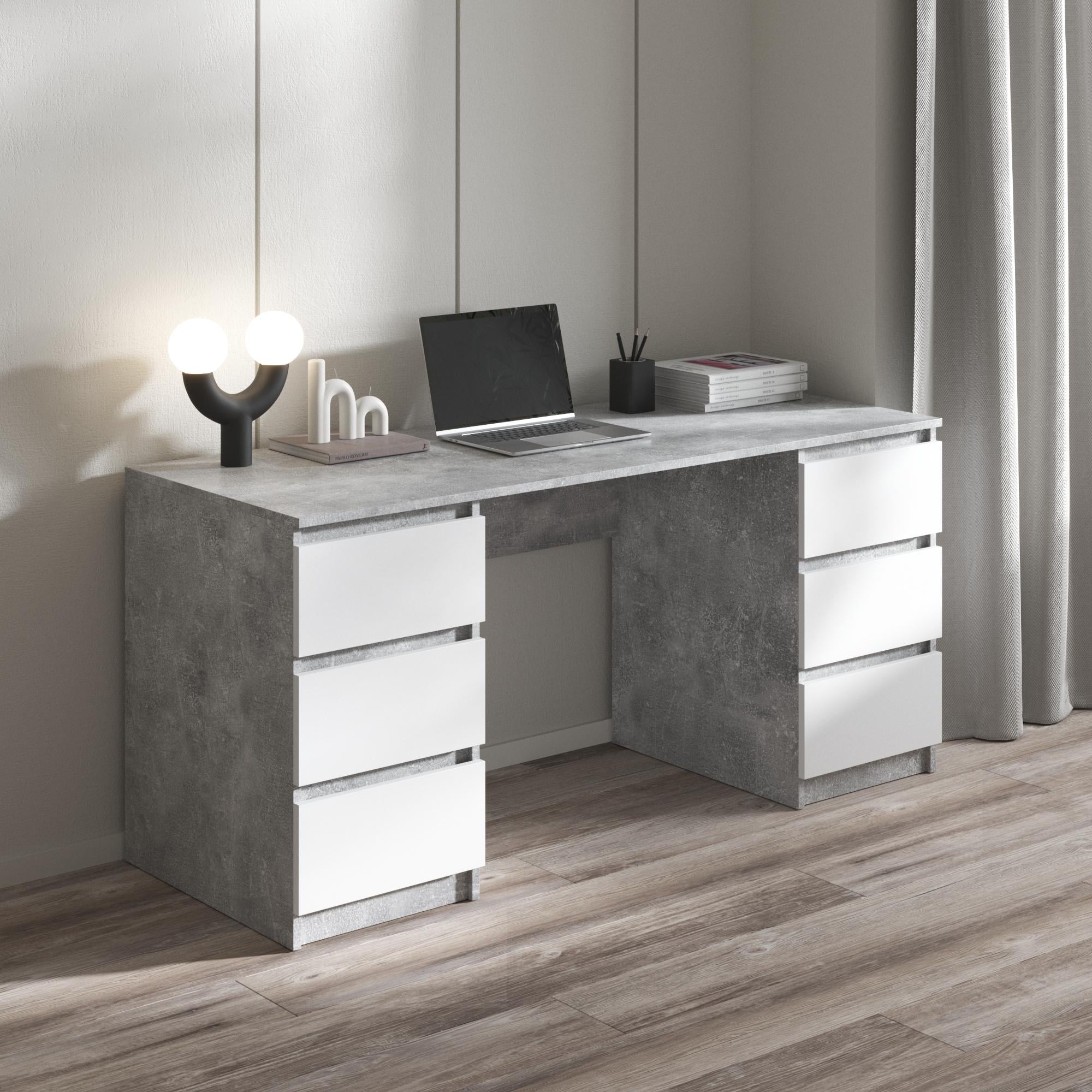 Стол компьютерный VAYS R-2 с двумя тумбами на 6 выдвижных ящиков с фасадами без ручек Бетон/Белый (17656741)
