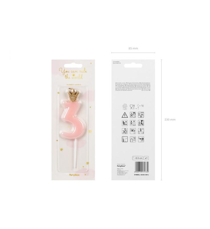 Свічка для торту Partydeco 3 з короною 9,5 см Рожевий (5900779171732) - фото 2 Свічка для торту Partydeco 3 з короною 9,5 см Рожевий (5900779171732) - фото 2