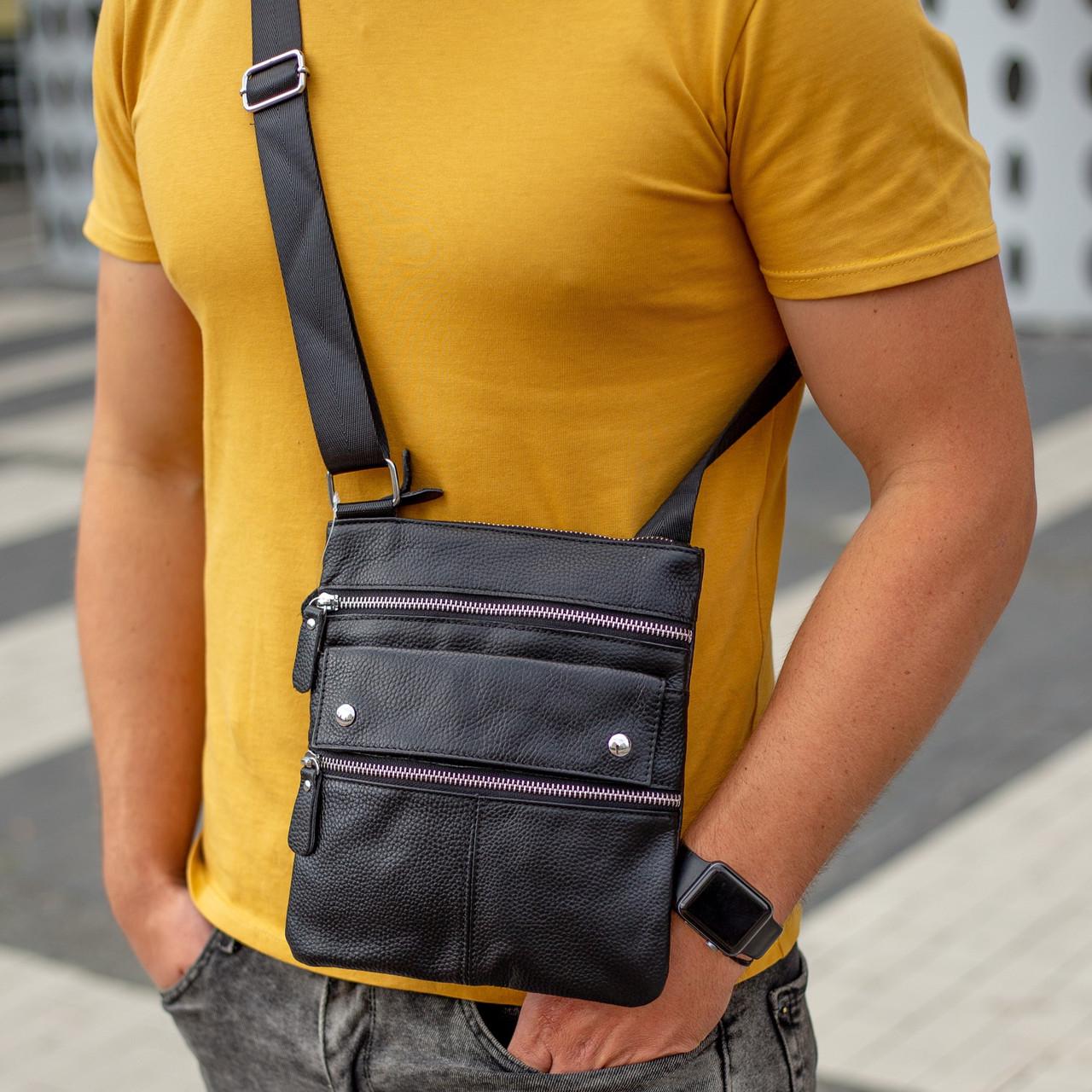 Мужская сумка-мессенджер Tiding Bag на одно отделение из натуральной кожи Черный (1534)