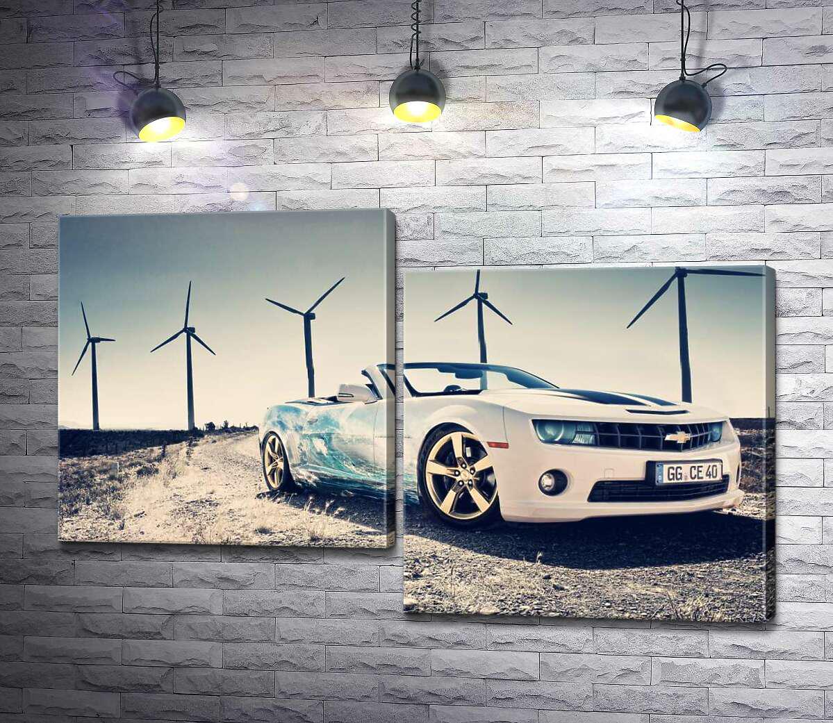 Модульная картина ArtPoster Белый автомобиль кабриолет Chevrolet Camaro на фоне ветряных электростанций 100x64 см Модуль №5 (000848)