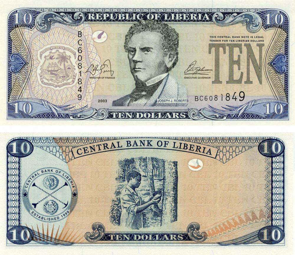 Коллекционная банкнота Либерия 10 долларов 2003 UNC P27 (Б13539)