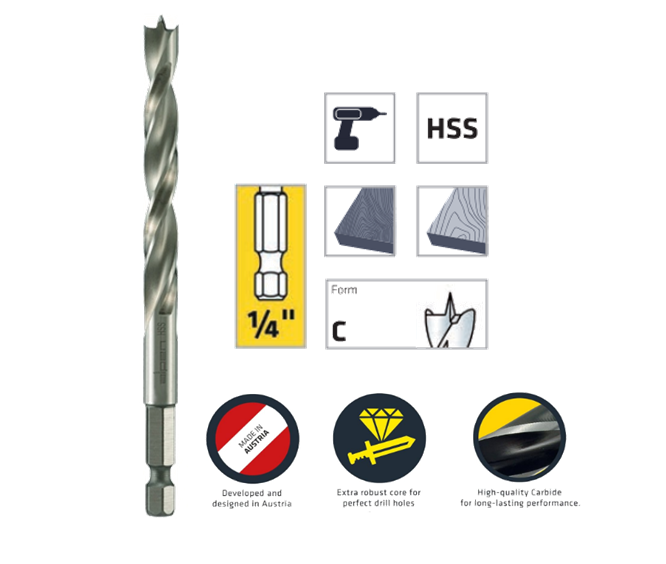 Набір свердел по дереву Alpen HSS Profi Holz ATM з хвостовиком 1/4”, Ø3-6 мм 4 шт. (0000603002100) - фото 5