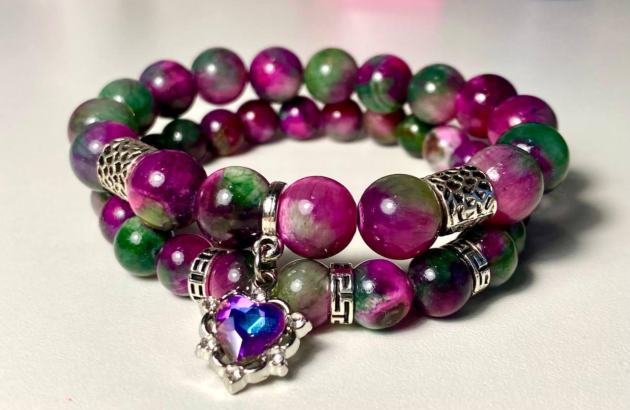 Браслеты LITAURS из натурального камня турмалин d 8/d 10 мм с подвеской и металлическими вставками L 18-21 см 2 шт. (250902-1)