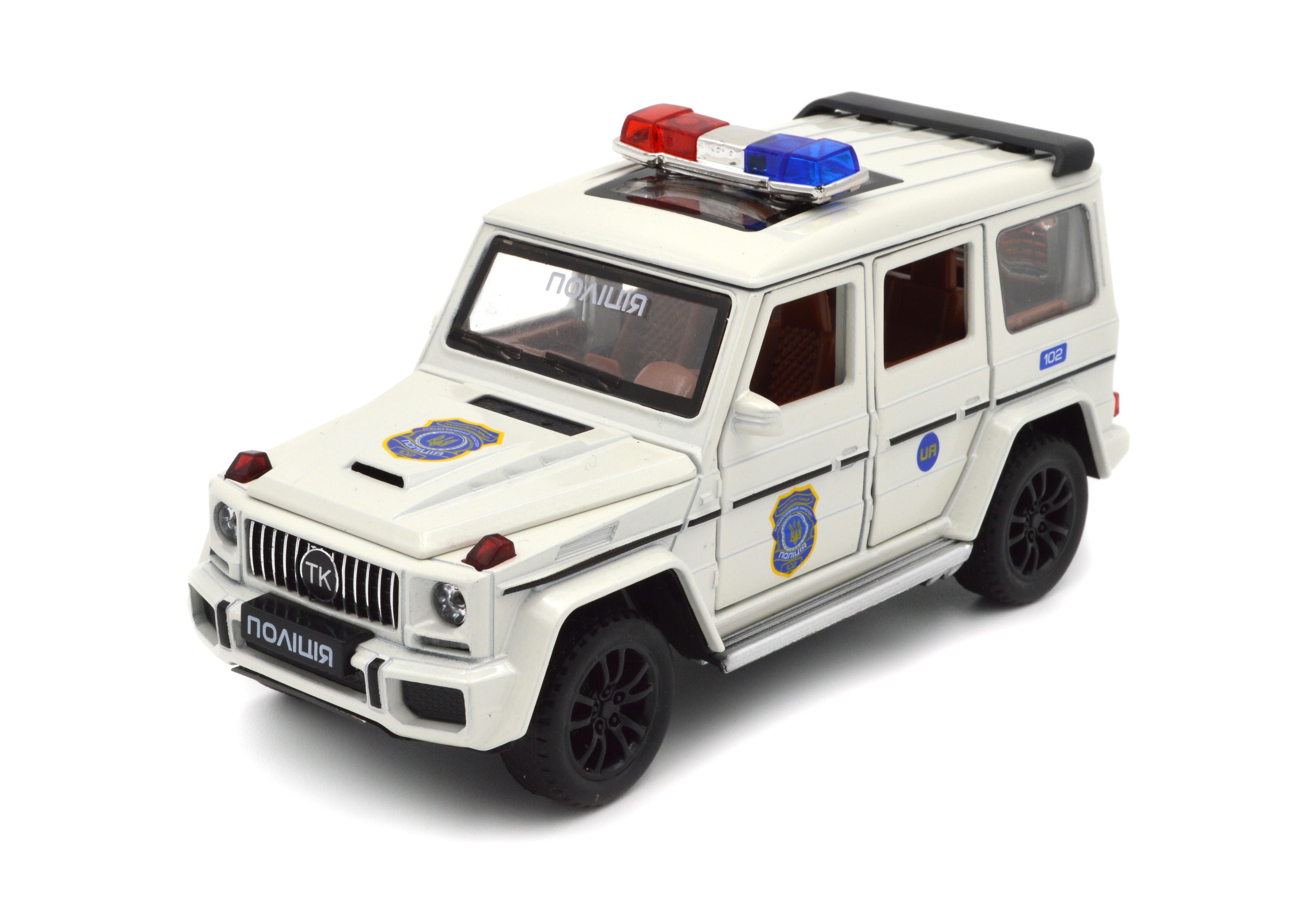 Модель машини Mercedes G63 AMG Поліція інерція/відкриваються усі двері/звук/світло фар 1:32 (41393)