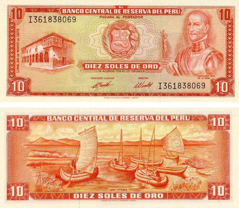 Коллекционная банкнота Перу 10 соль 1973 AU-UNC Озеро Титикака Лодки P100 (Б12975)
