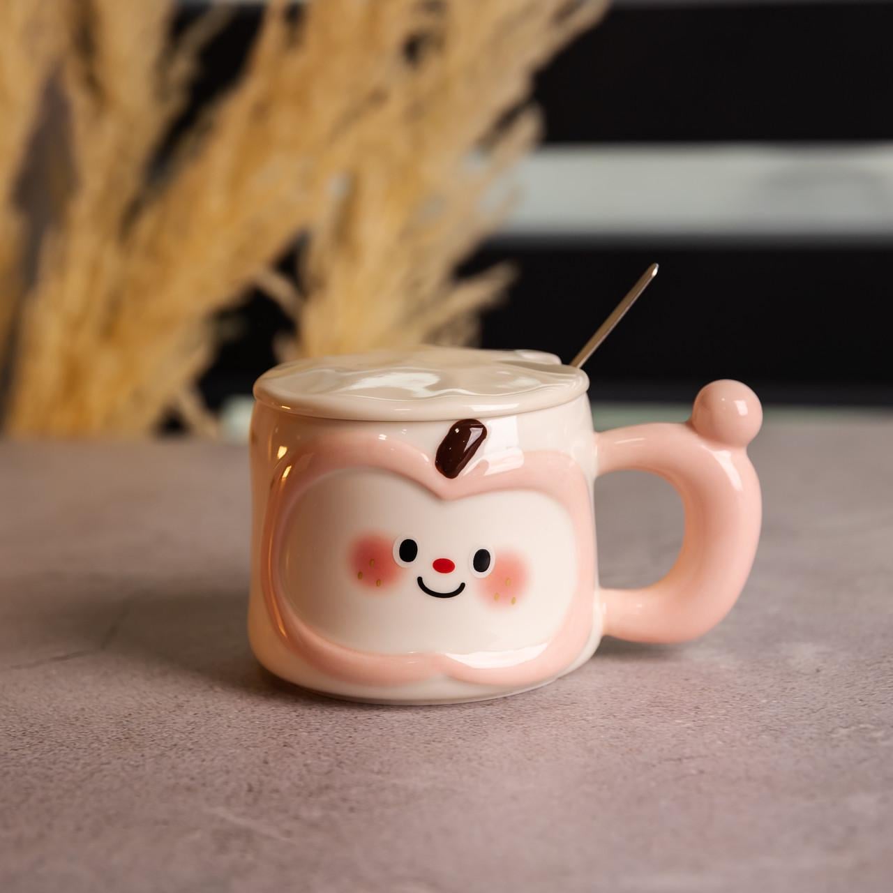 Чашка фарфоровая с крышкой и ложкой 400 мл Розовый (FM-25C)