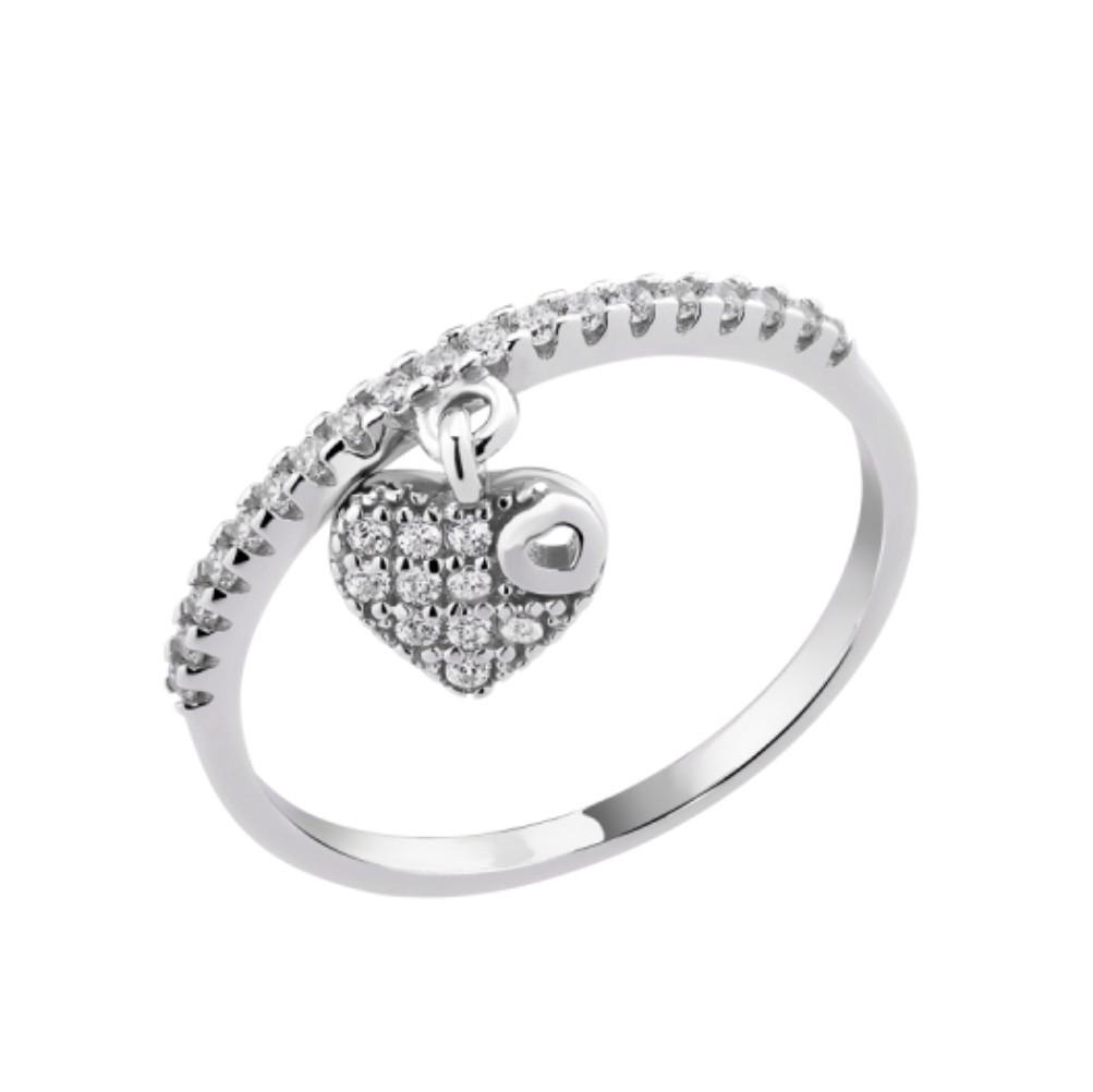 Кольцо с подвеской сердце в камнях серебро 925 пробы родированное 1,24 г р. 16 (лк0413р)