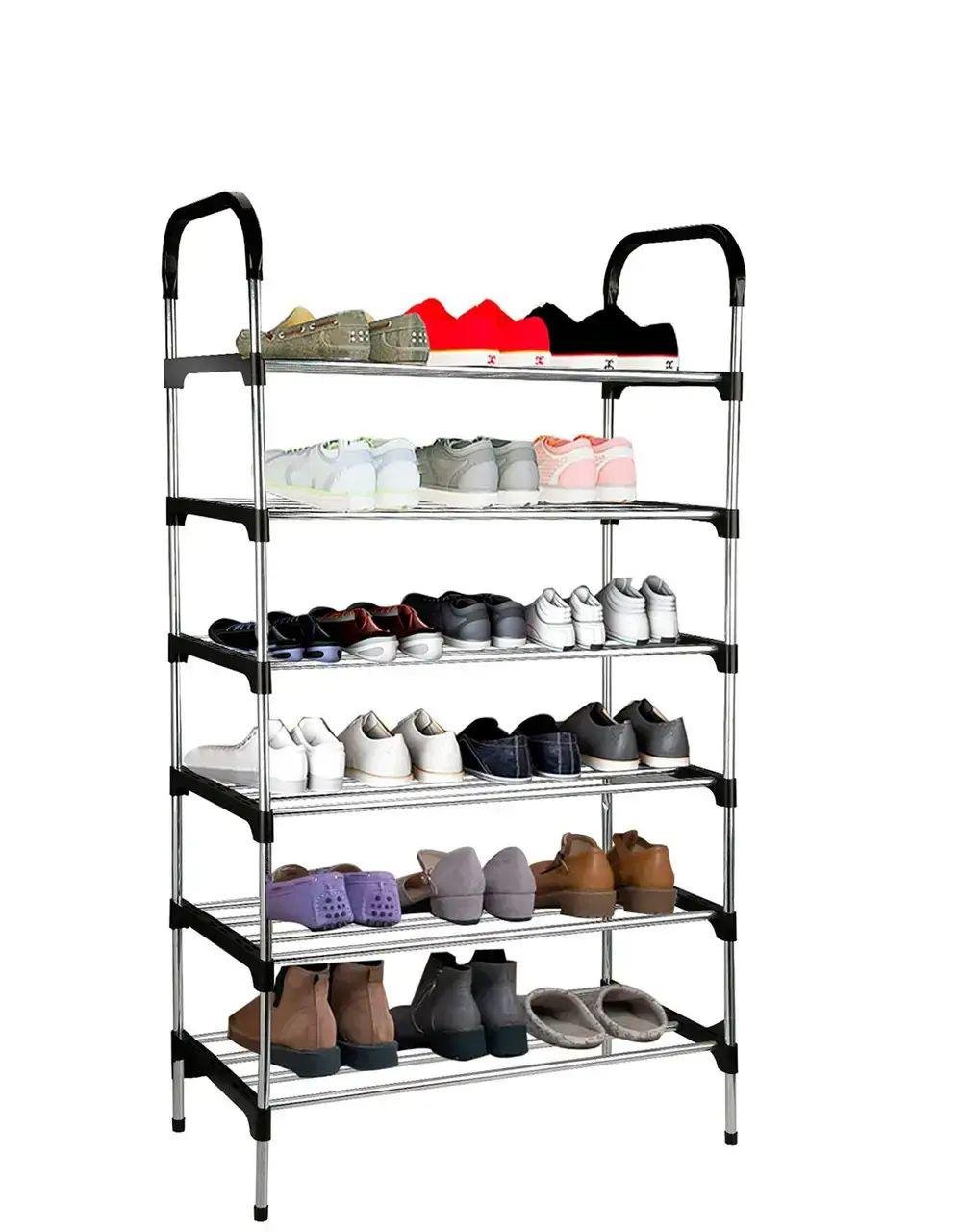 Стойка-этажерка прямая для хранения обуви Shoe rack 24 пары 6 полок пластиковая 110х64х19 см Черный