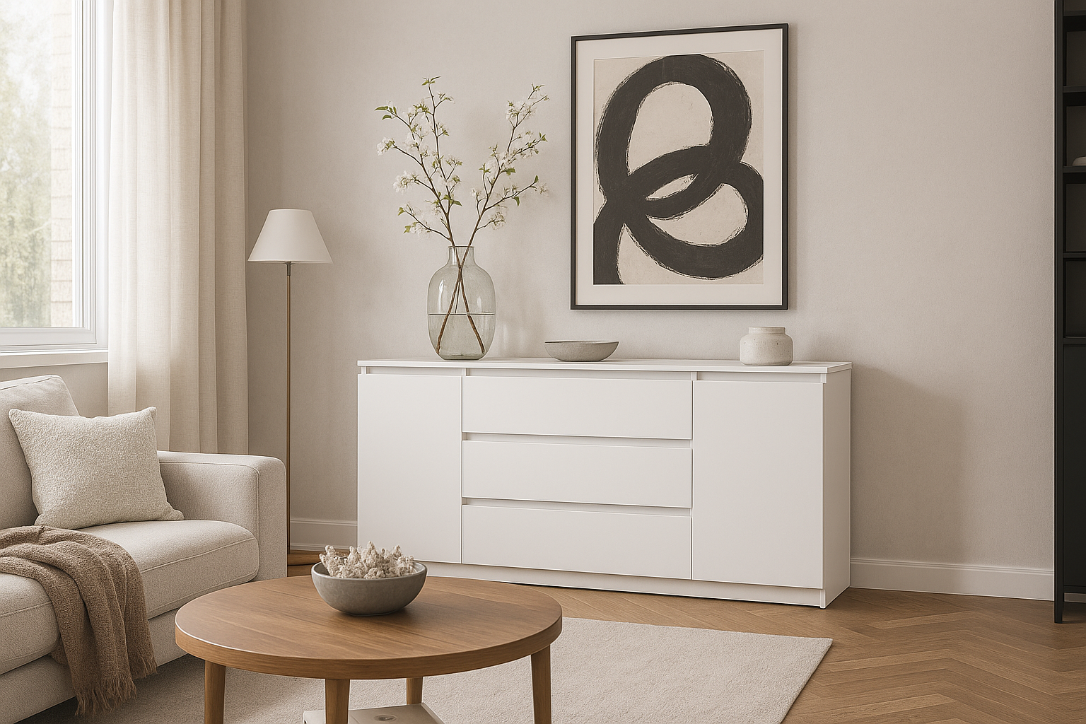 Комод MEBEX на 3 шухляди з боковими тумбами 160х40х77 см Білий (VERTO3B1600WH) - фото 1 Комод MEBEX на 3 шухляди з боковими тумбами 160х40х77 см Білий (VERTO3B1600WH) - фото 1