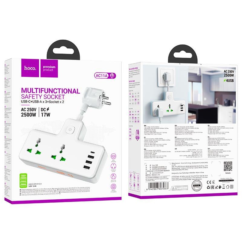 Подовжувач мережевий Hoco AC11A 3xUSB Type-C 10A 17W White - фото 6 Подовжувач мережевий Hoco AC11A 3xUSB Type-C 10A 17W White - фото 6
