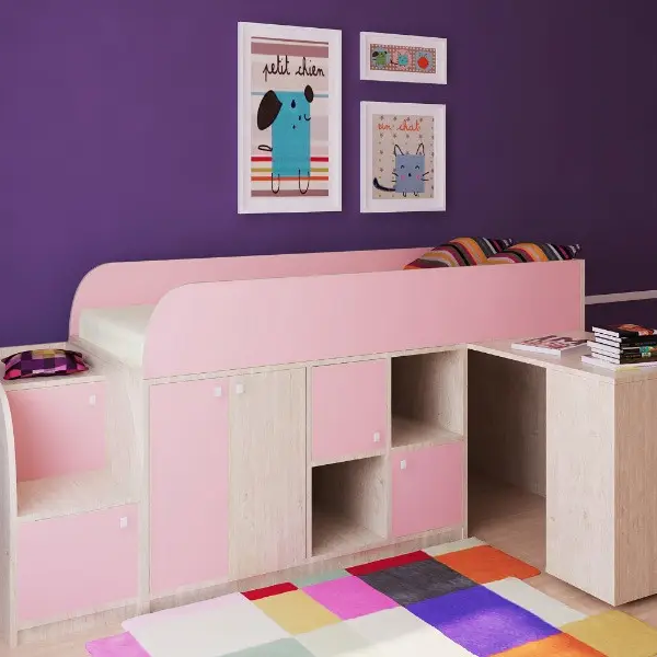 Ліжко горище DS-Astra mini 2 CNC з ящиками тумбою сходами Pink