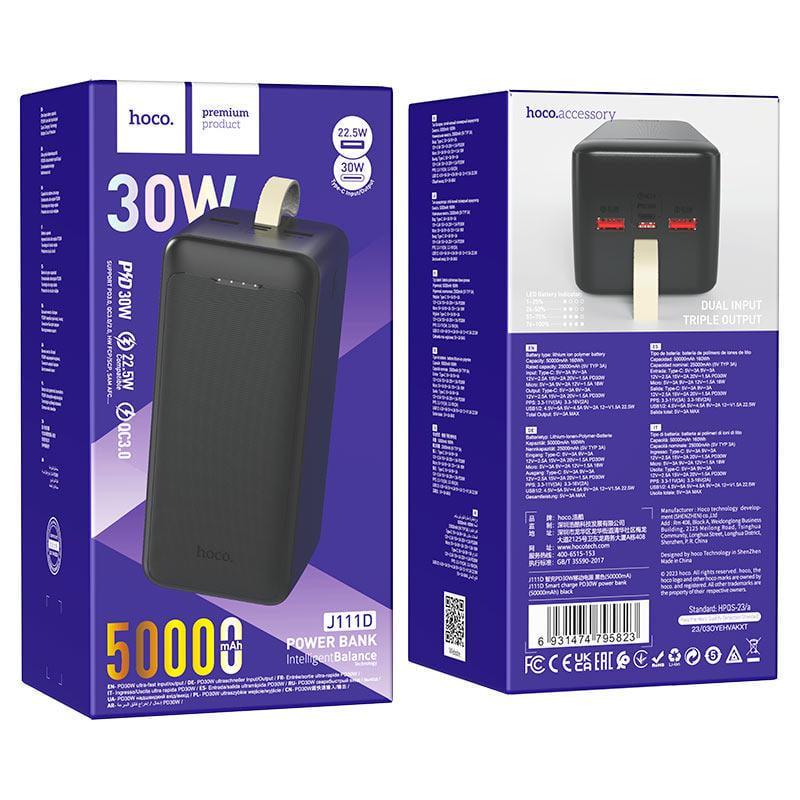 Повербанк Hoco 50000 mAh/PD30 W/QC3,0 22,5 W/USB-Type-A/USB-Type-C/micro USB/3A/LED (J111d) - фото 3