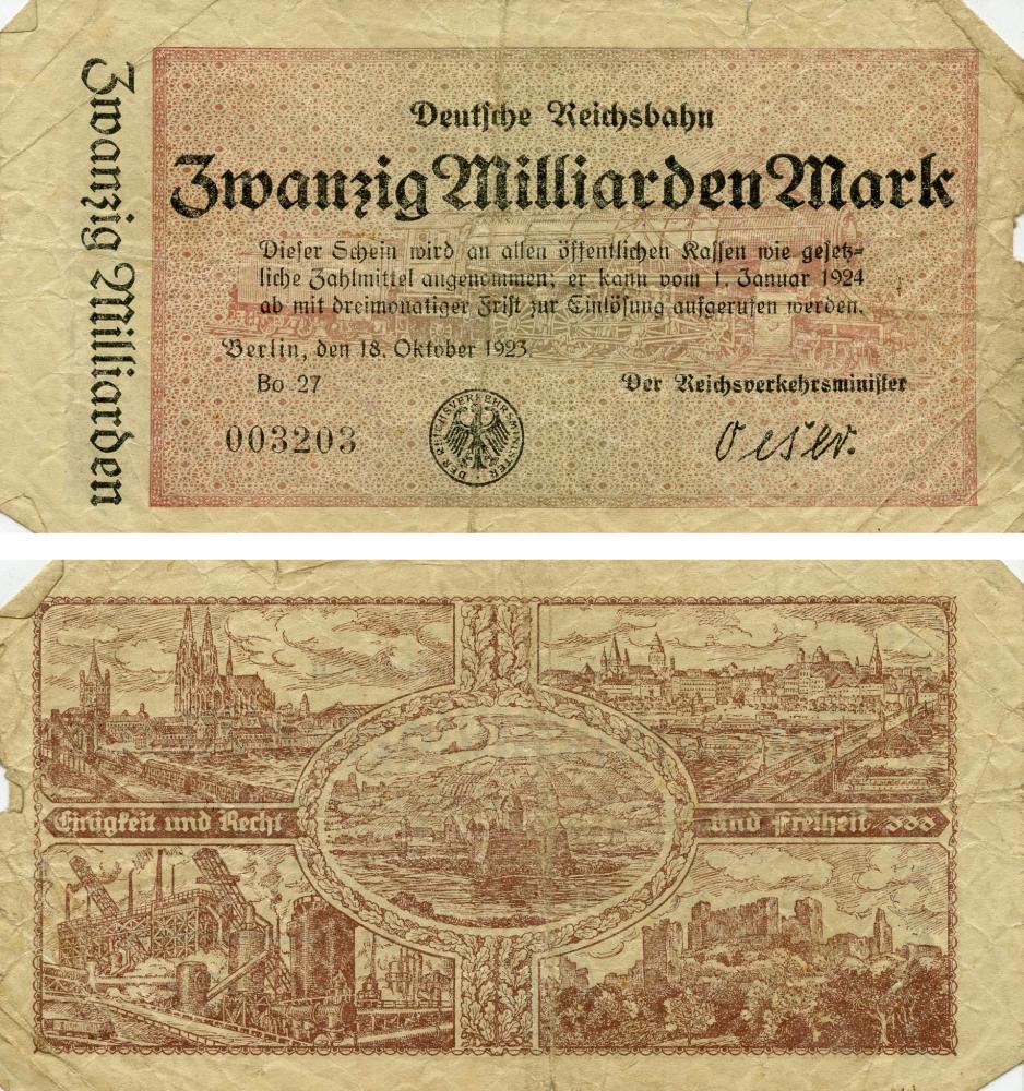 Колекційна банкнота Німеччина Нотгельд 20 000 000 000 марок 1923 G-VG Берлін (Б18862)