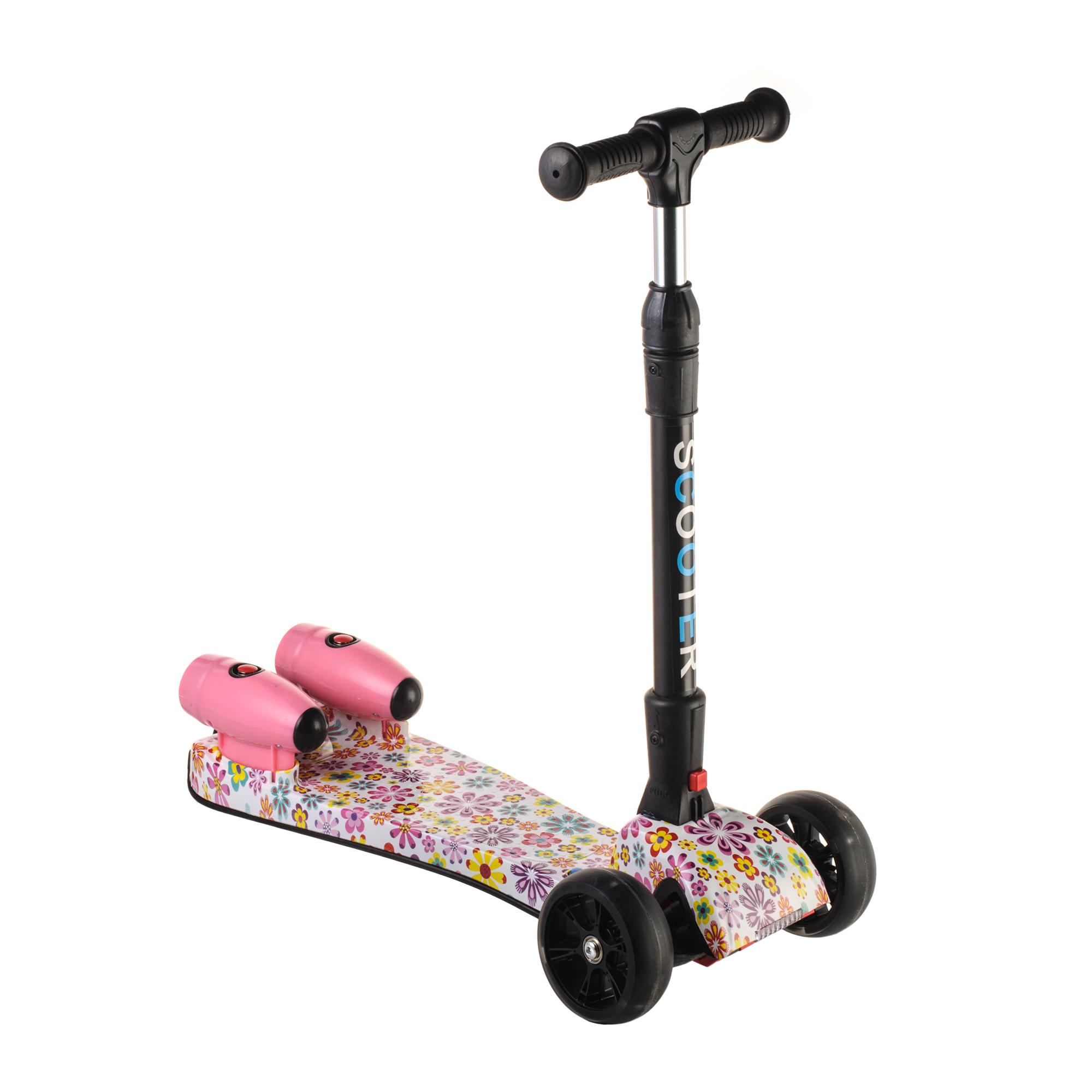 Самокат детский Ракета со складным рулем/подсветкой/музыкой Розовые цветок