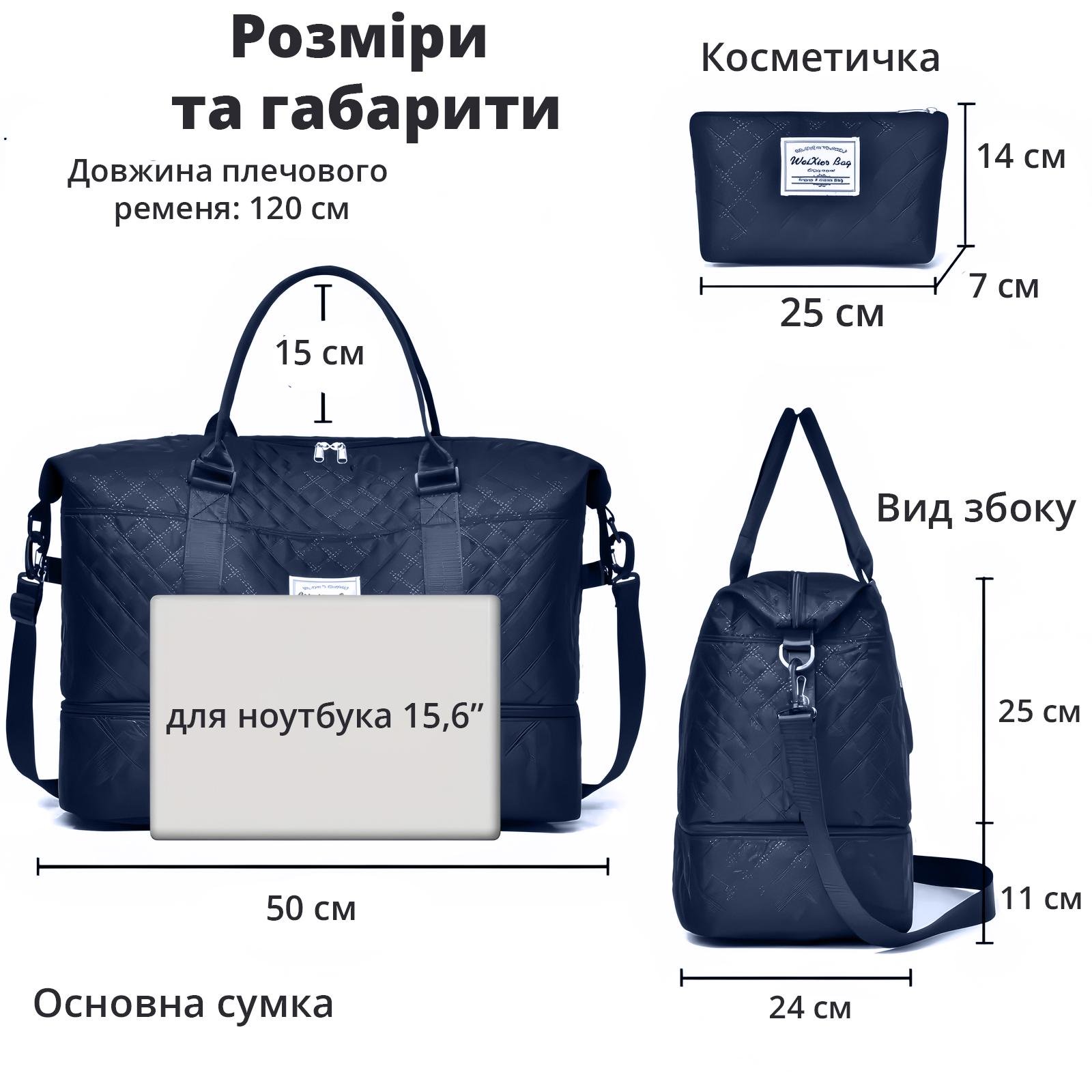 Дорожня сумка водонепроникна з відділенням для взуття та косметичкою 50х24х36 см Темно-синій (28341053) - фото 7 Дорожня сумка водонепроникна з відділенням для взуття та косметичкою 50х24х36 см Темно-синій (28341053) - фото 7