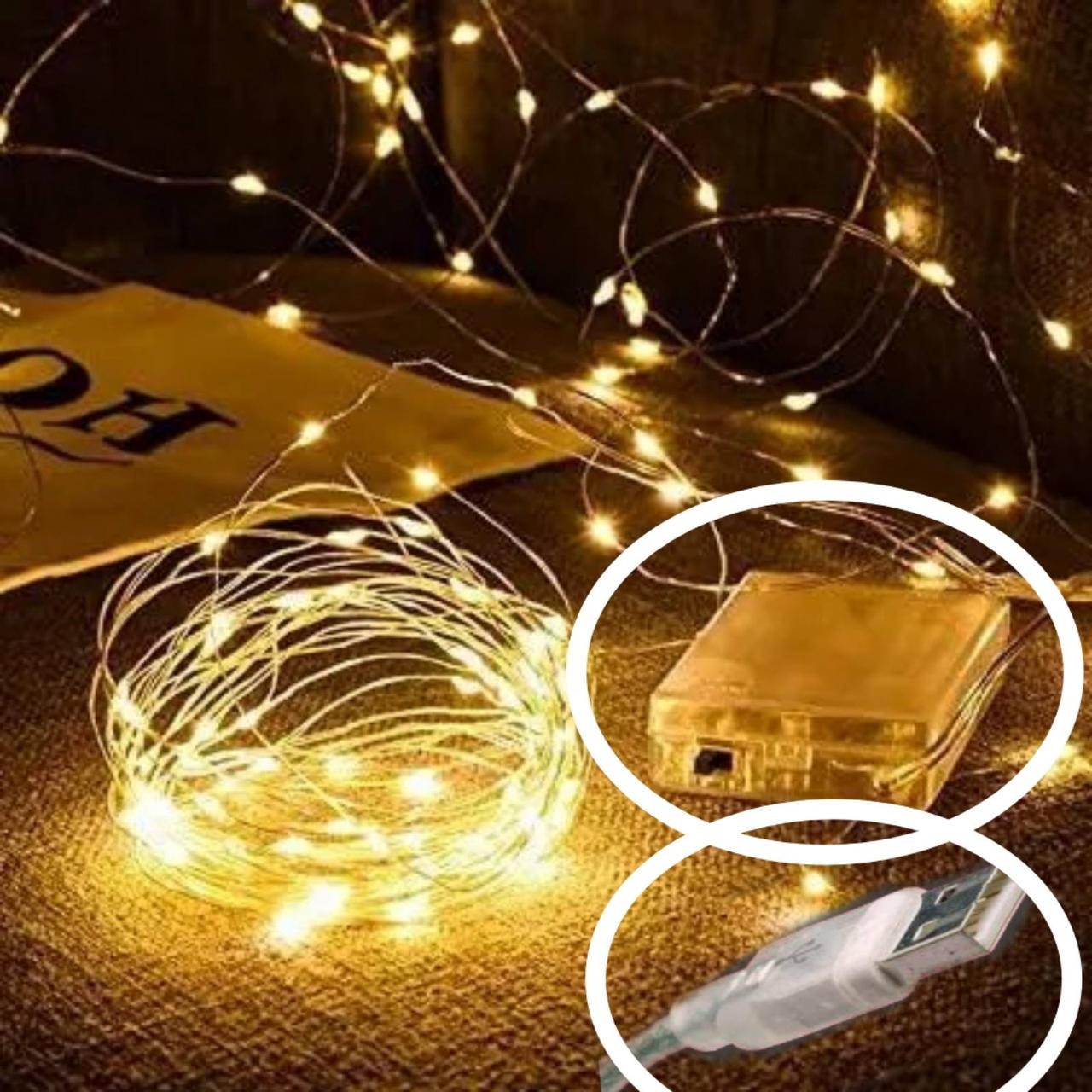 Гірлянда нитка Роса 100 led usb з батарейками 10 м Білий теплий (13468565) - фото 2