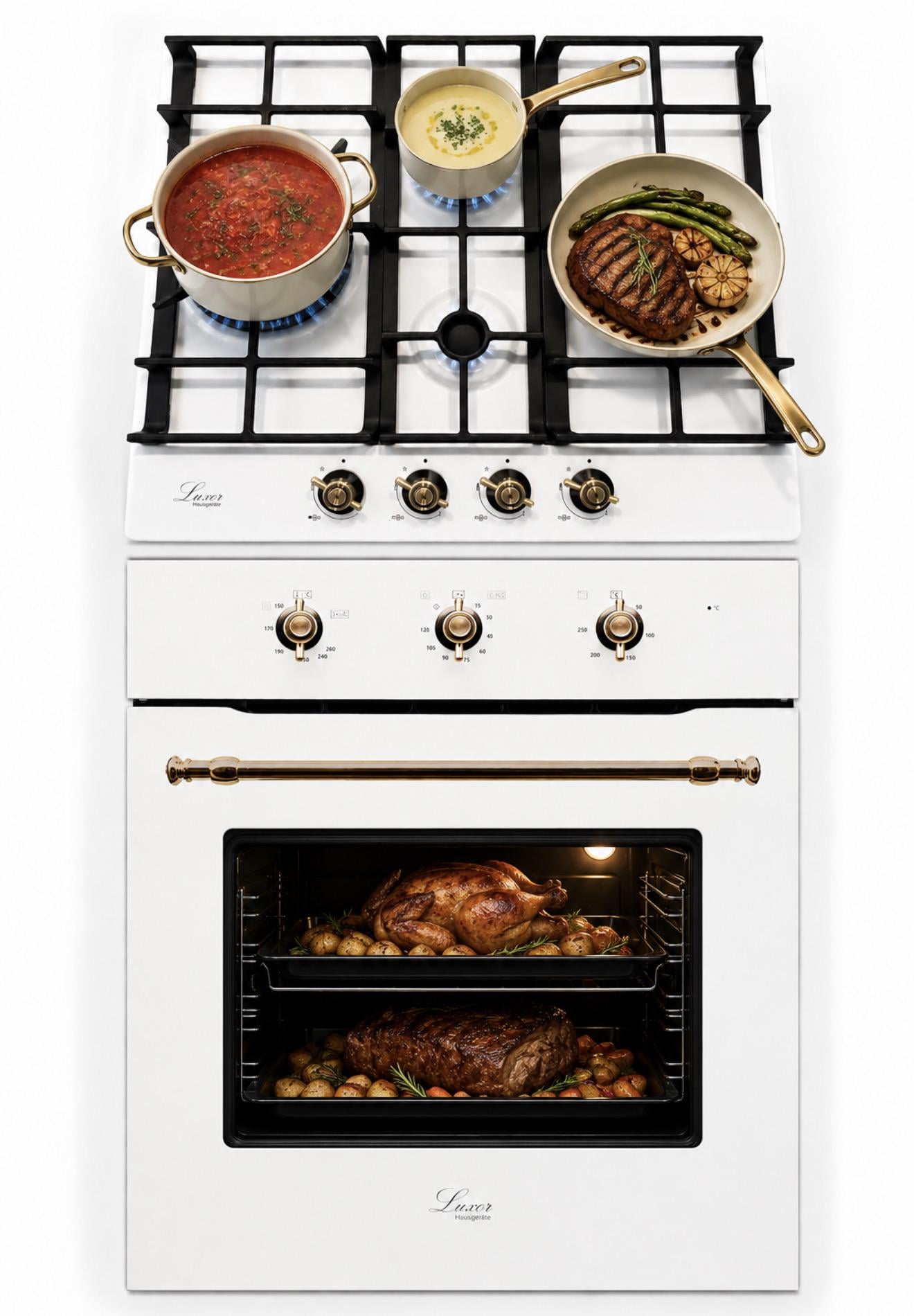 Комплект встраиваемой техники Luxor Qualität 60 GIO White Grill Kup Classico Газовая поверхность RG 650 WH Emaille Turbo Wok