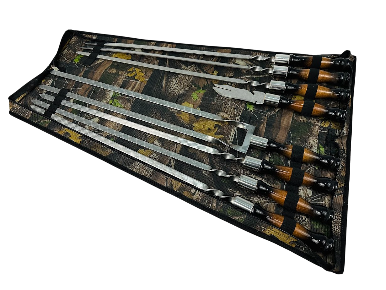 Набор комбинированных шампуров Премиум 8 предметов с вилкой-ножом и двойным шампуром 65 см Черно-коричневый (124-10-NB-2285)