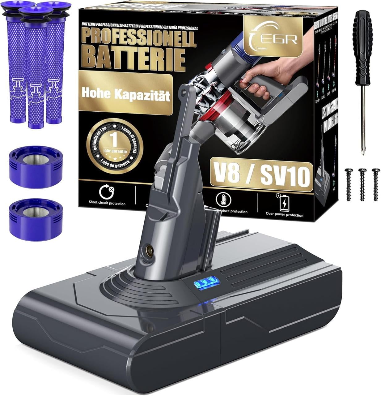 Батарея EGR 7000 мА·г для Dyson V8, сумісна з V8 Absolute/Motorhead/Fluffy, з 5 фільтрами